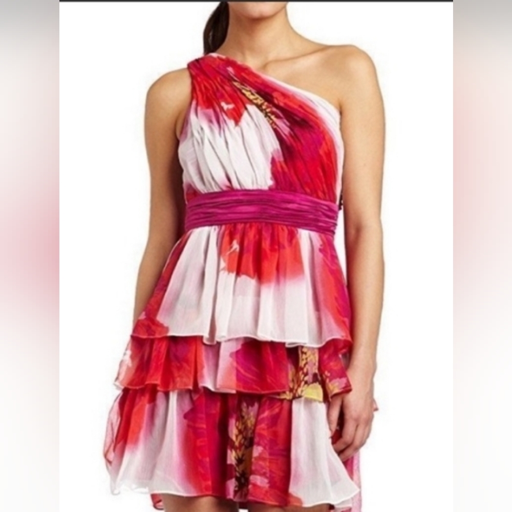 BCBG Max and Cleo pink floral one shoulder cocktail dress